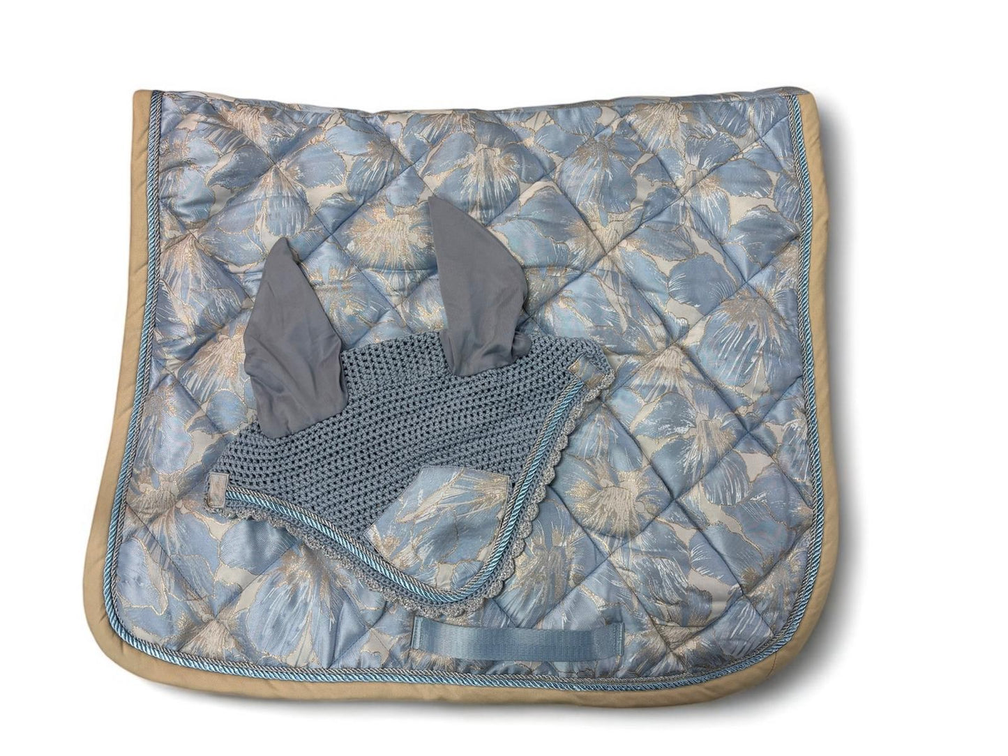 CONJUNTO MANTILLA TY OREJERAS WHISPPERER CLUB DOMA AZUL CIELO HOJAS