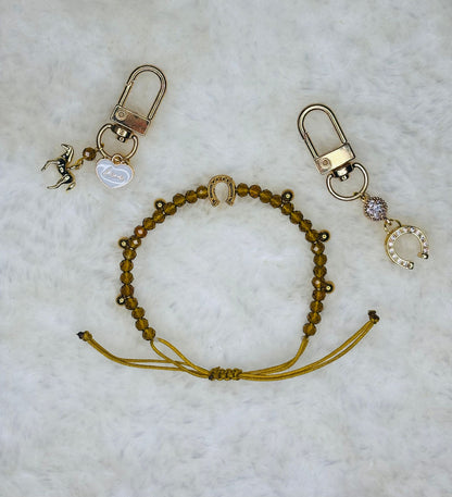 PULSERA MARONA MIEL CON BOLITAS DORADAS